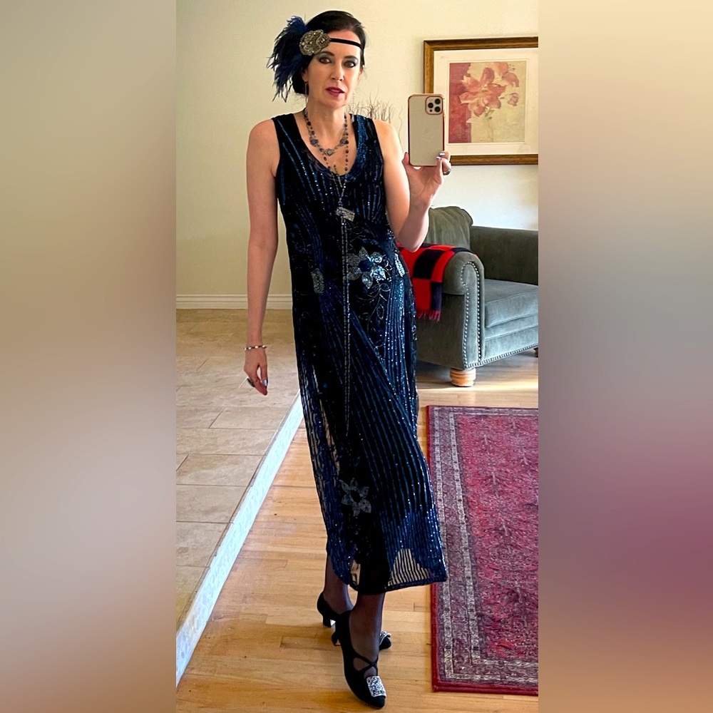 🎉HP🎉 European Flapper Dress 20’s Gatsby Mesh Sequins Sapphire Onyx Color…